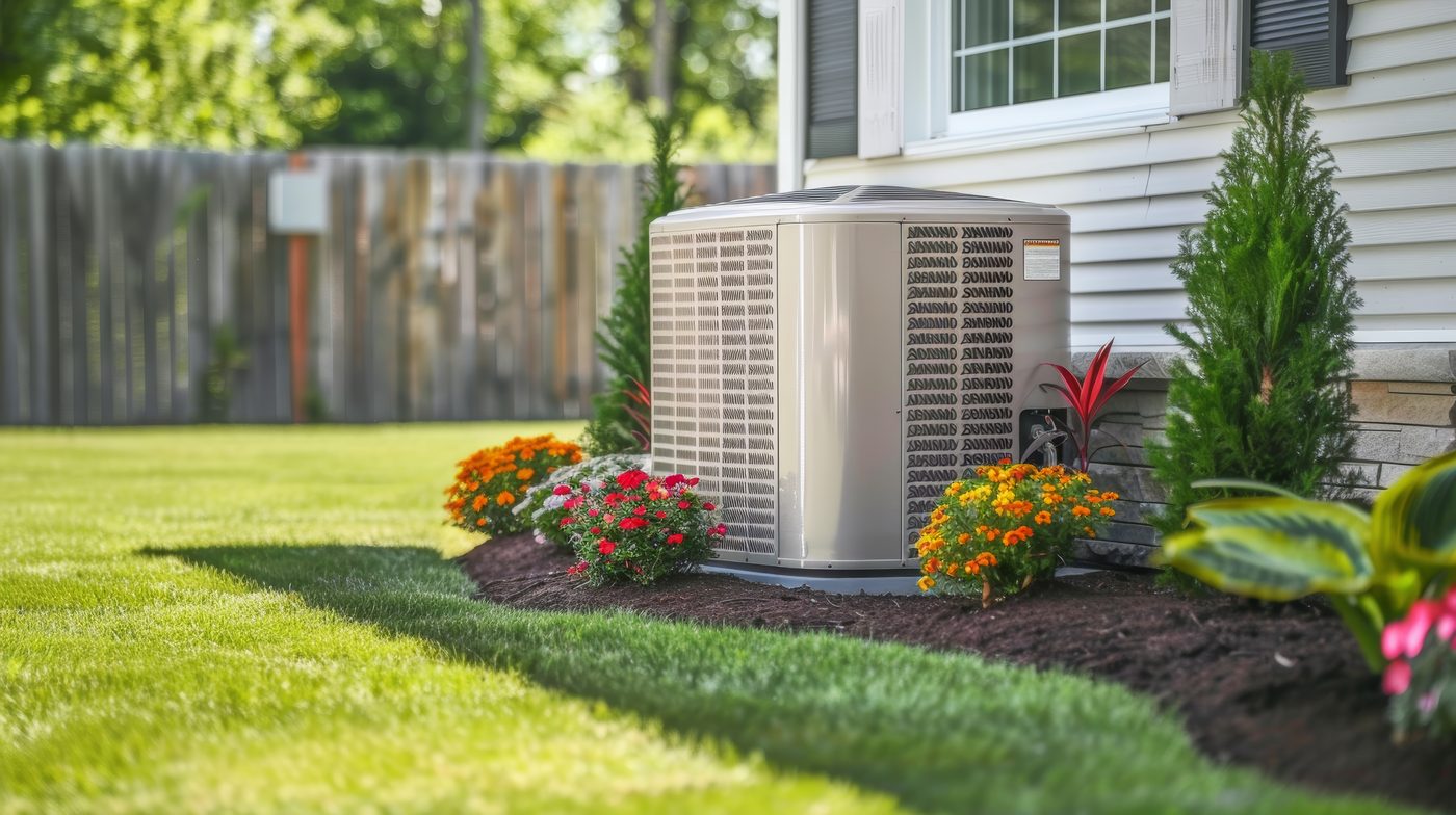 Residential AC condenser unit installed in a clean, landscaped backyard