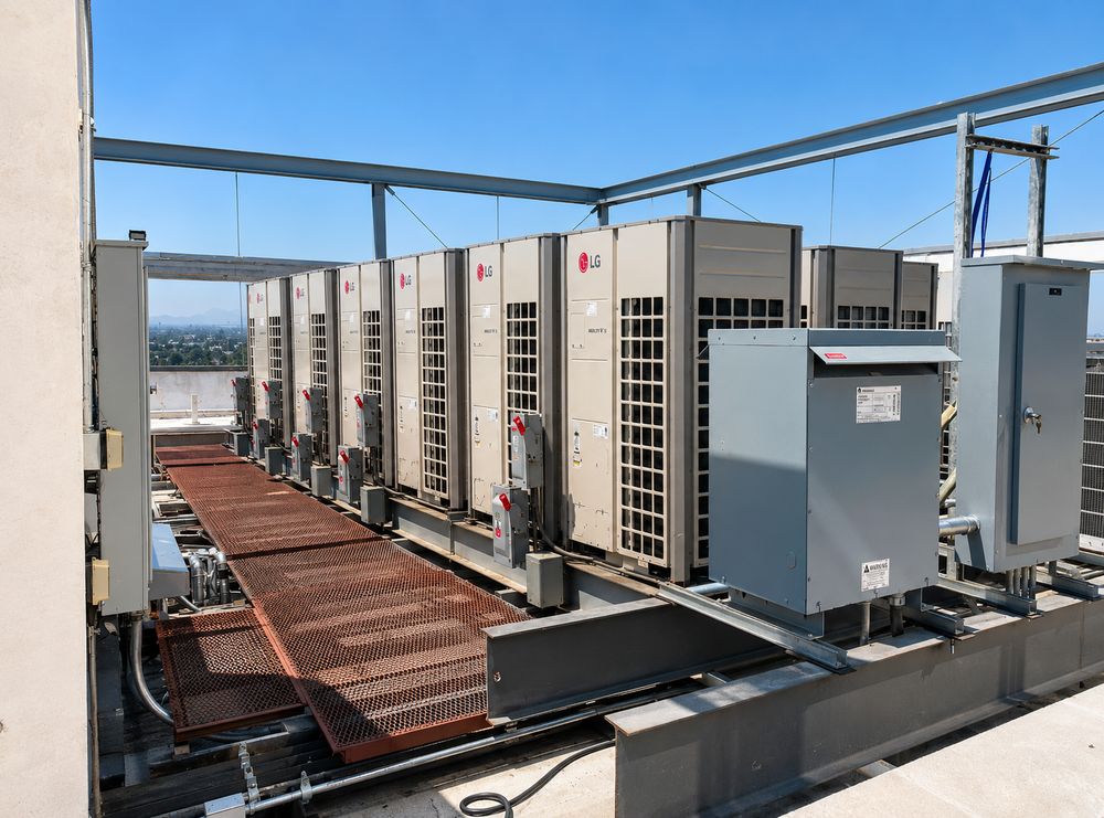 Rooftop VRF/mini-split HVAC system installation on a commercial building